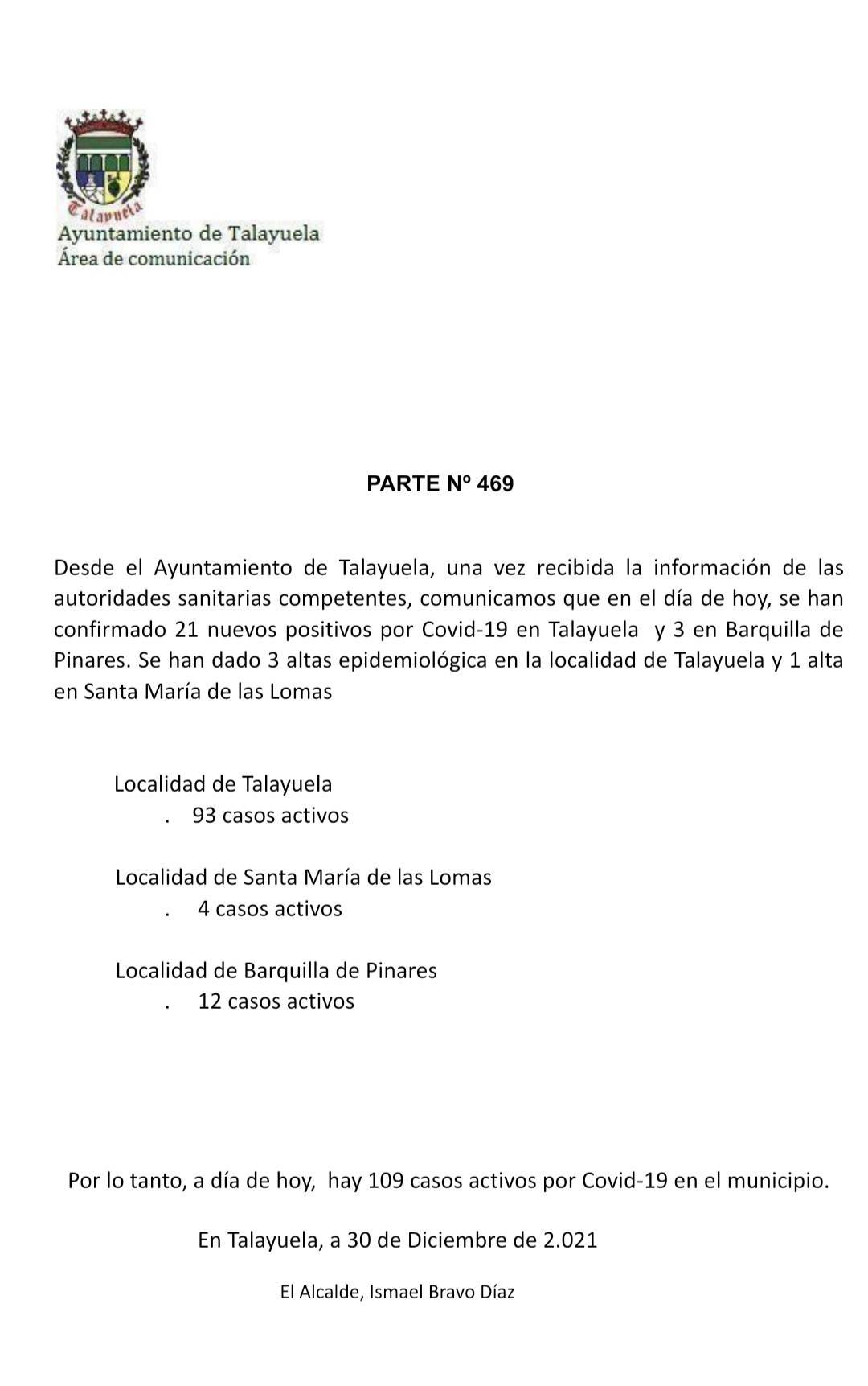 93 casos positivos activos de COVID-19 (diciembre 2021) - Talayuela (Cáceres)