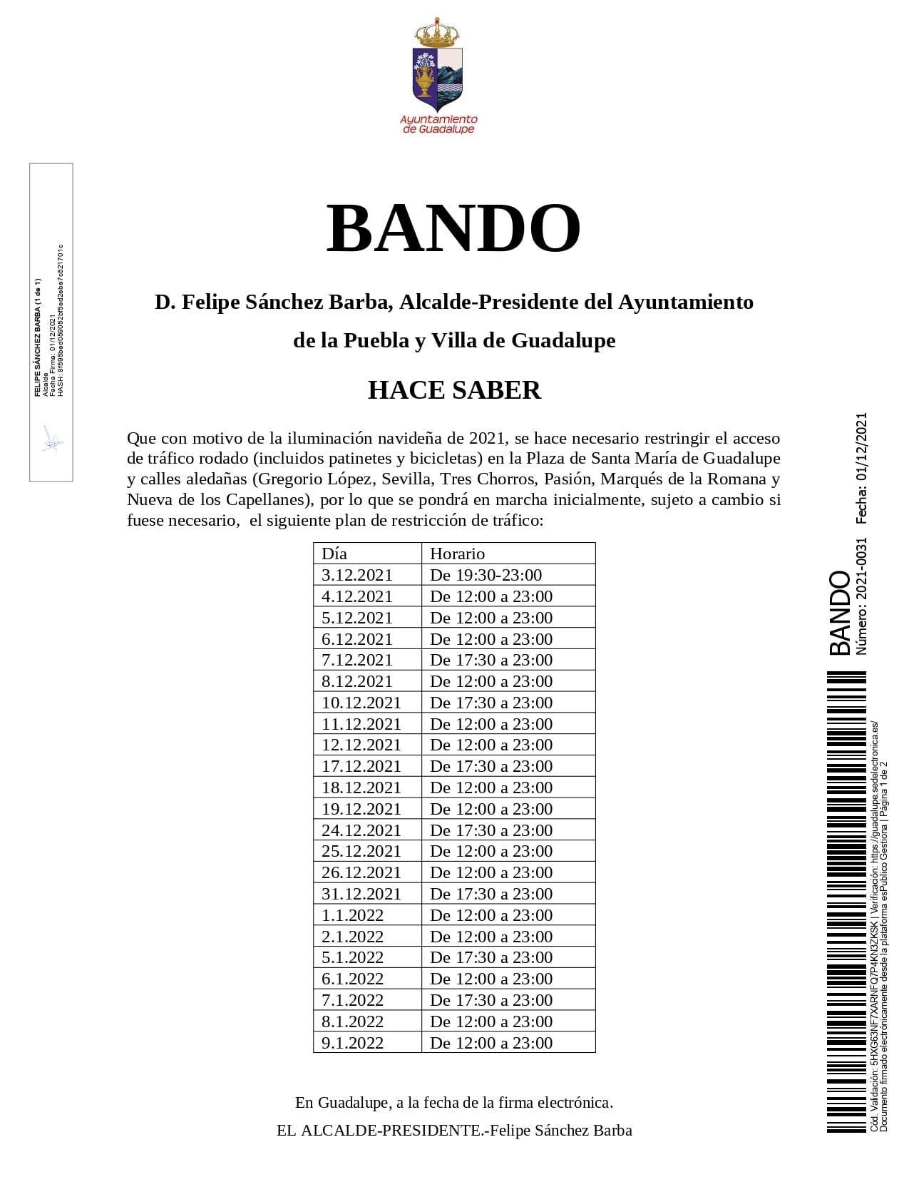 Restricciones de tráfico con motivo de la iluminación navideña (2021-2022) - Guadalupe (Cáceres)