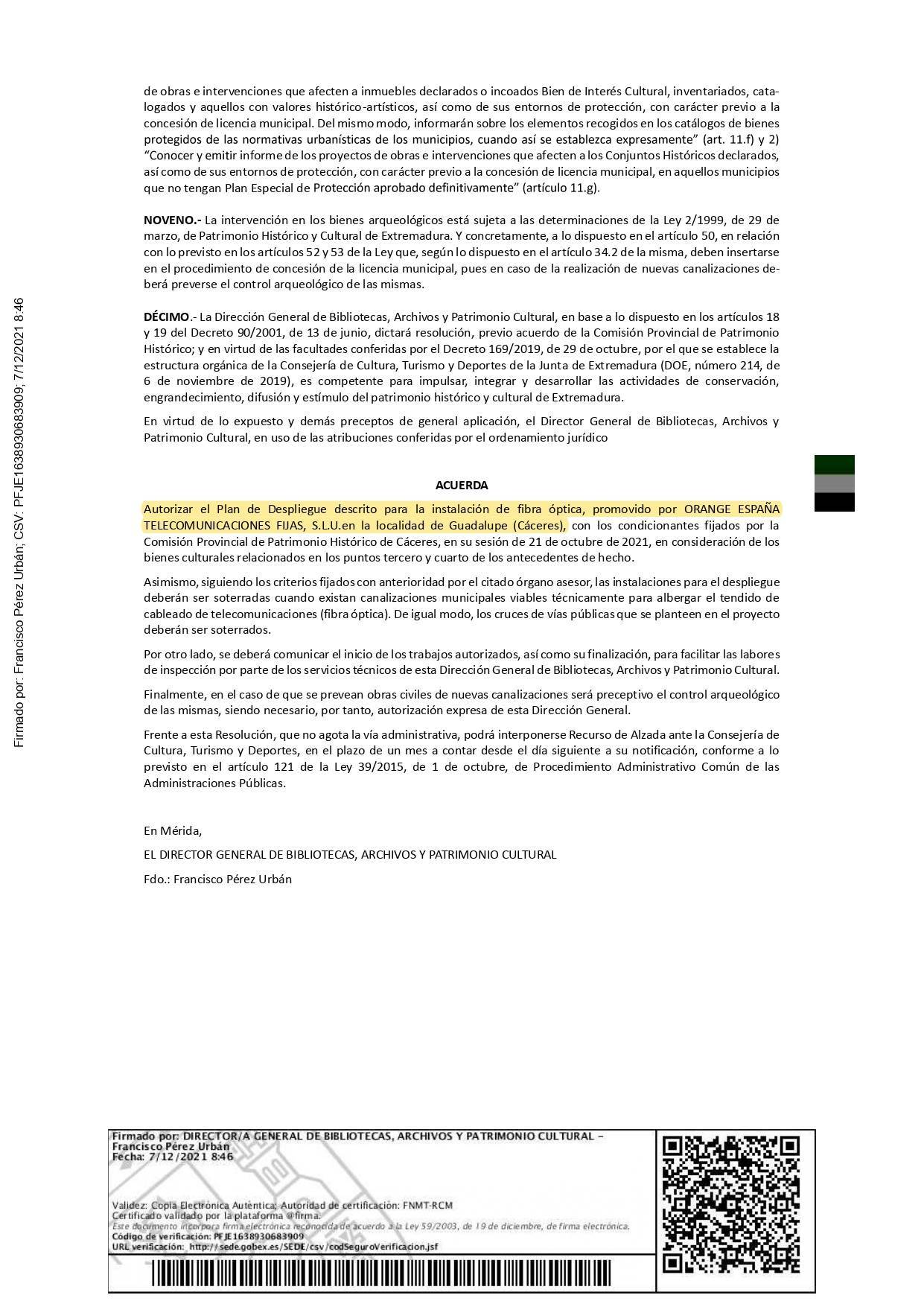 Se autoriza el despliegue de la fibra óptica (2021) - Guadalupe (Cáceres)