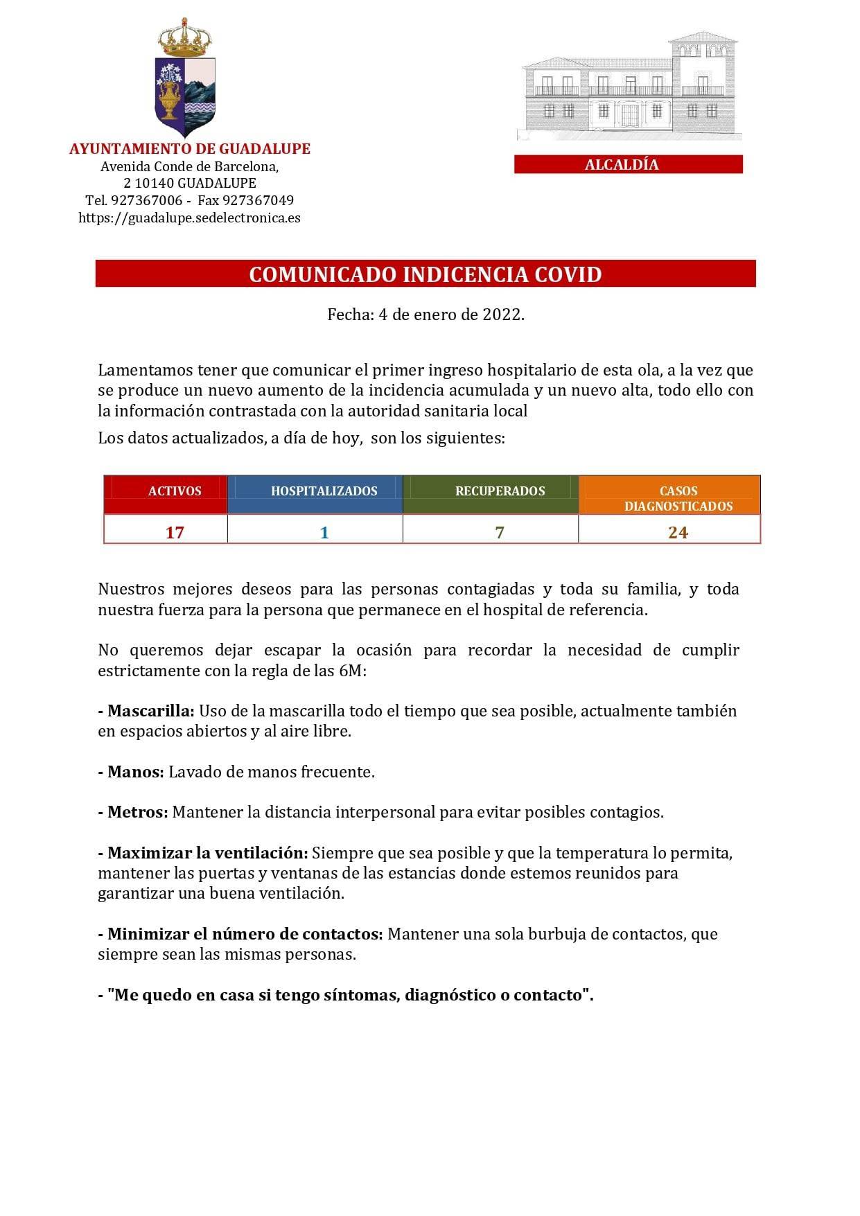 17 casos positivos activos de COVID-19 (enero 2022) - Guadalupe (Cáceres)