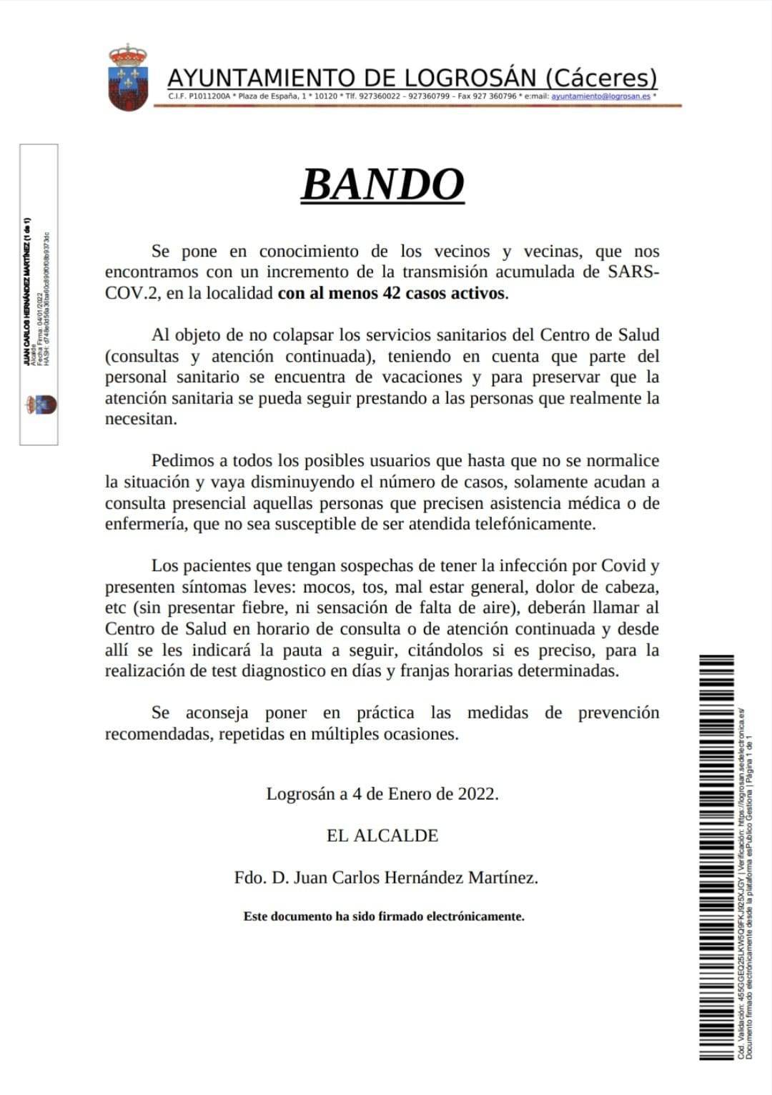 42 casos positivos activos de COVID-19 (enero 2022) - Logrosán (Cáceres) 1