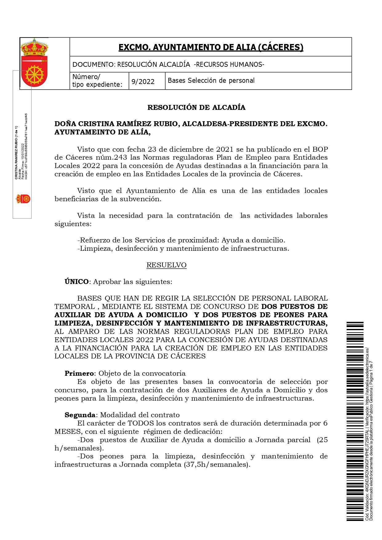 Auxiliares de ayuda a domicilio y peones de limpieza (enero 2022) - Alía (Cáceres) 1