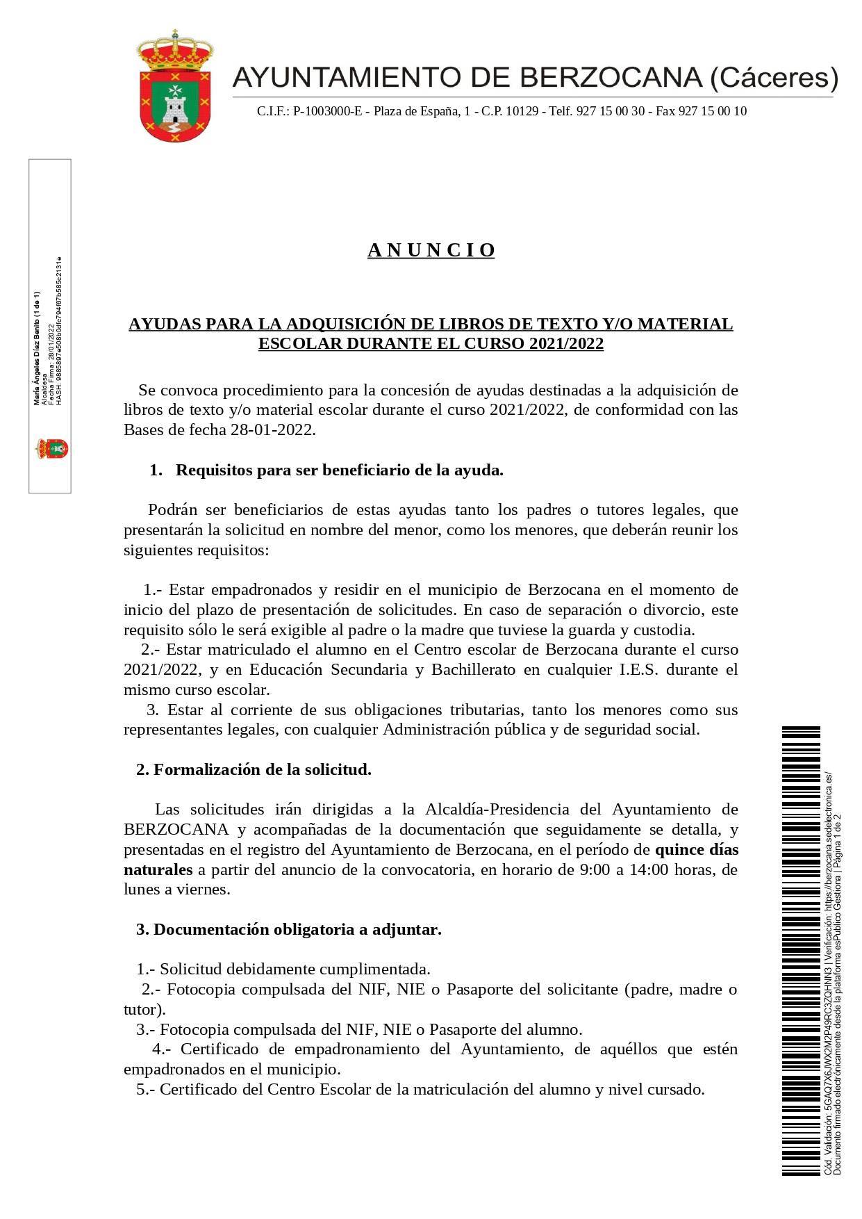 Ayudas para la adquisición de libros de texto y material escolar (2022) - Berzocana (Cáceres) 1