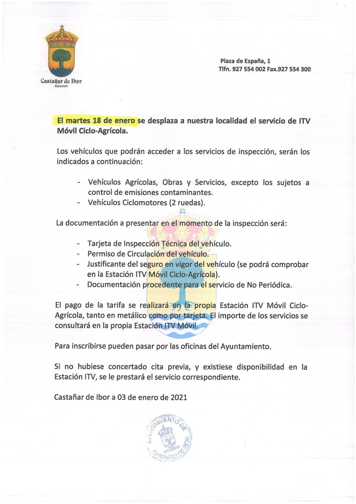 Desplazamiento de ITV móvil ciclo-agrícola (enero 2022) - Castañar de Ibor (Cáceres)