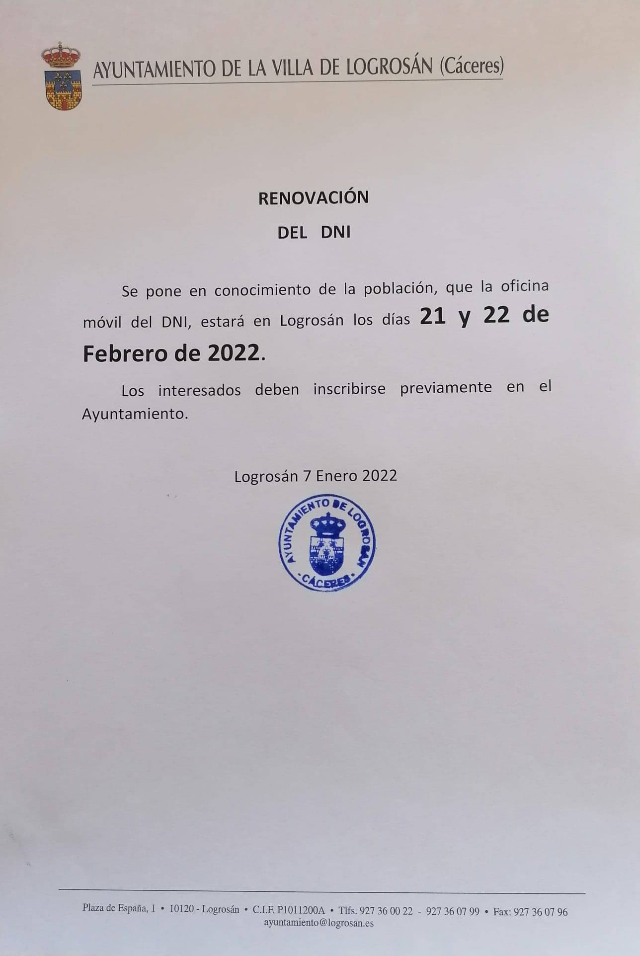 Renovación del DNI (febrero 2022) - Logrosán (Cáceres)