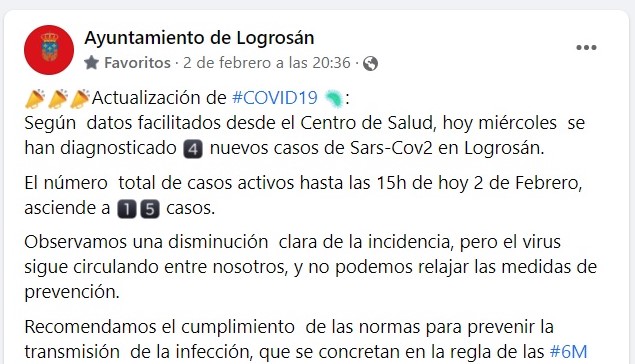 15 casos positivos activos de COVID-19 (febrero 2022) - Logrosán (Cáceres)