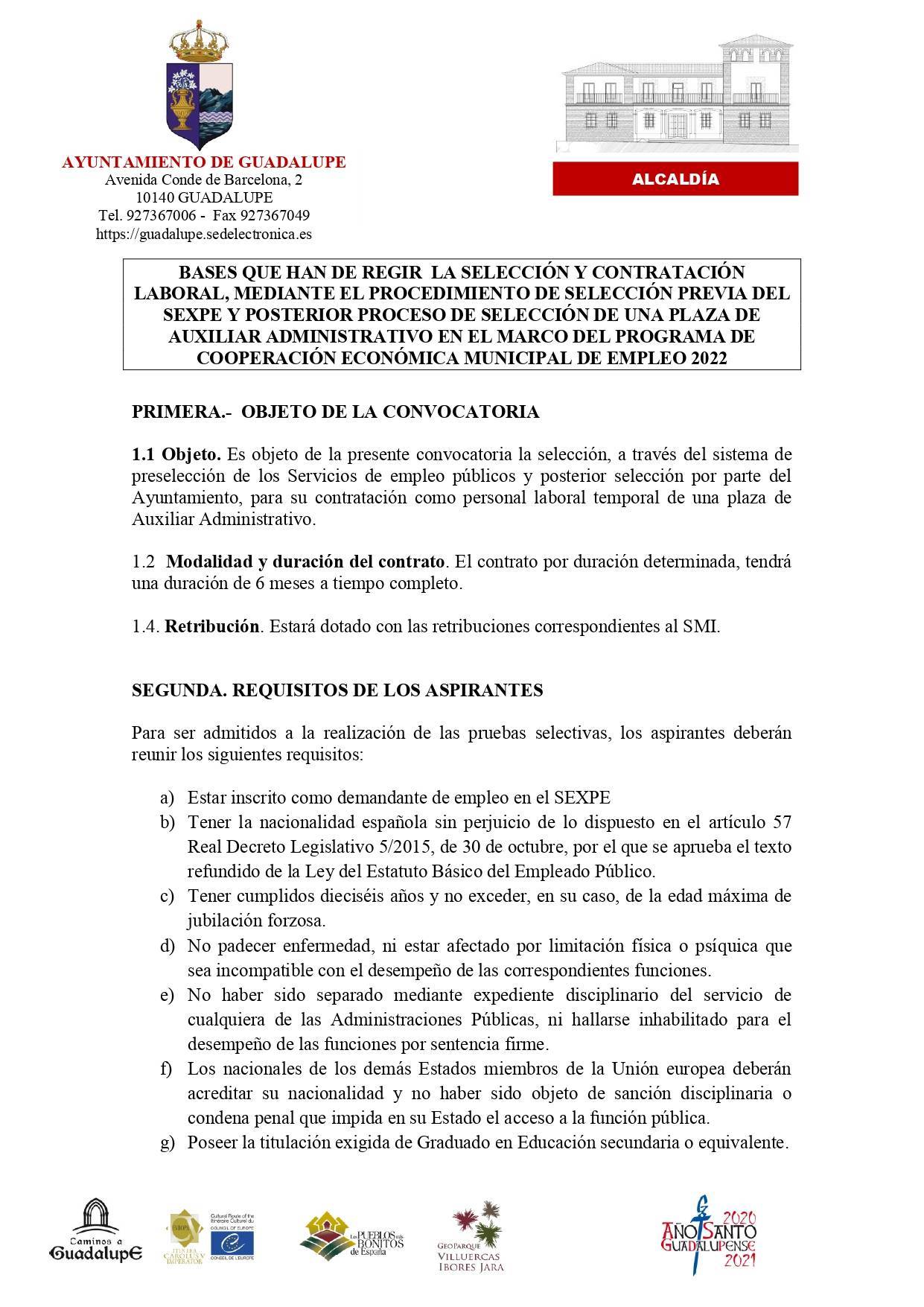 Auxiliar administrativo (febrero 2022) - Guadalupe (Cáceres) 1