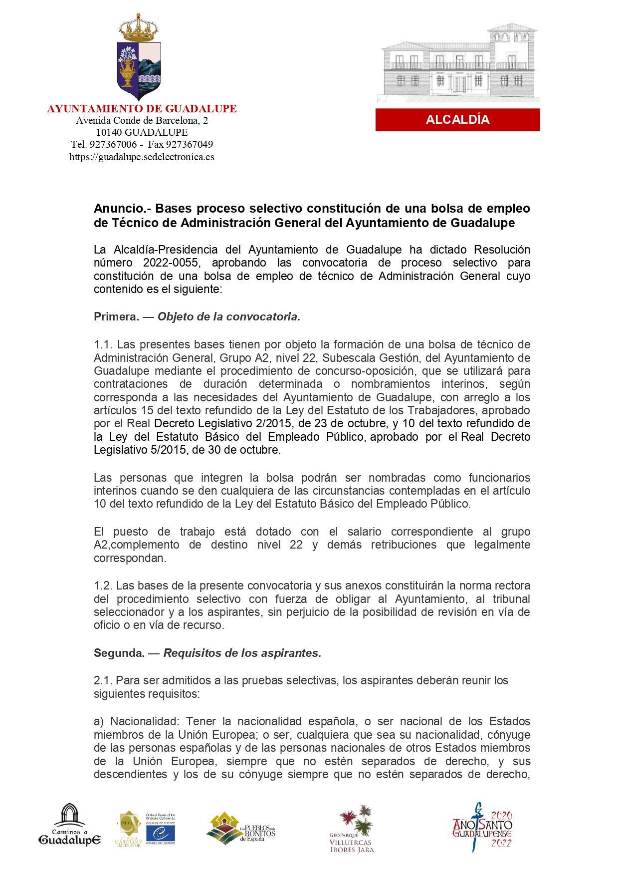Bolsa de técnico de administración general (2022) - Guadalupe (Cáceres) 1