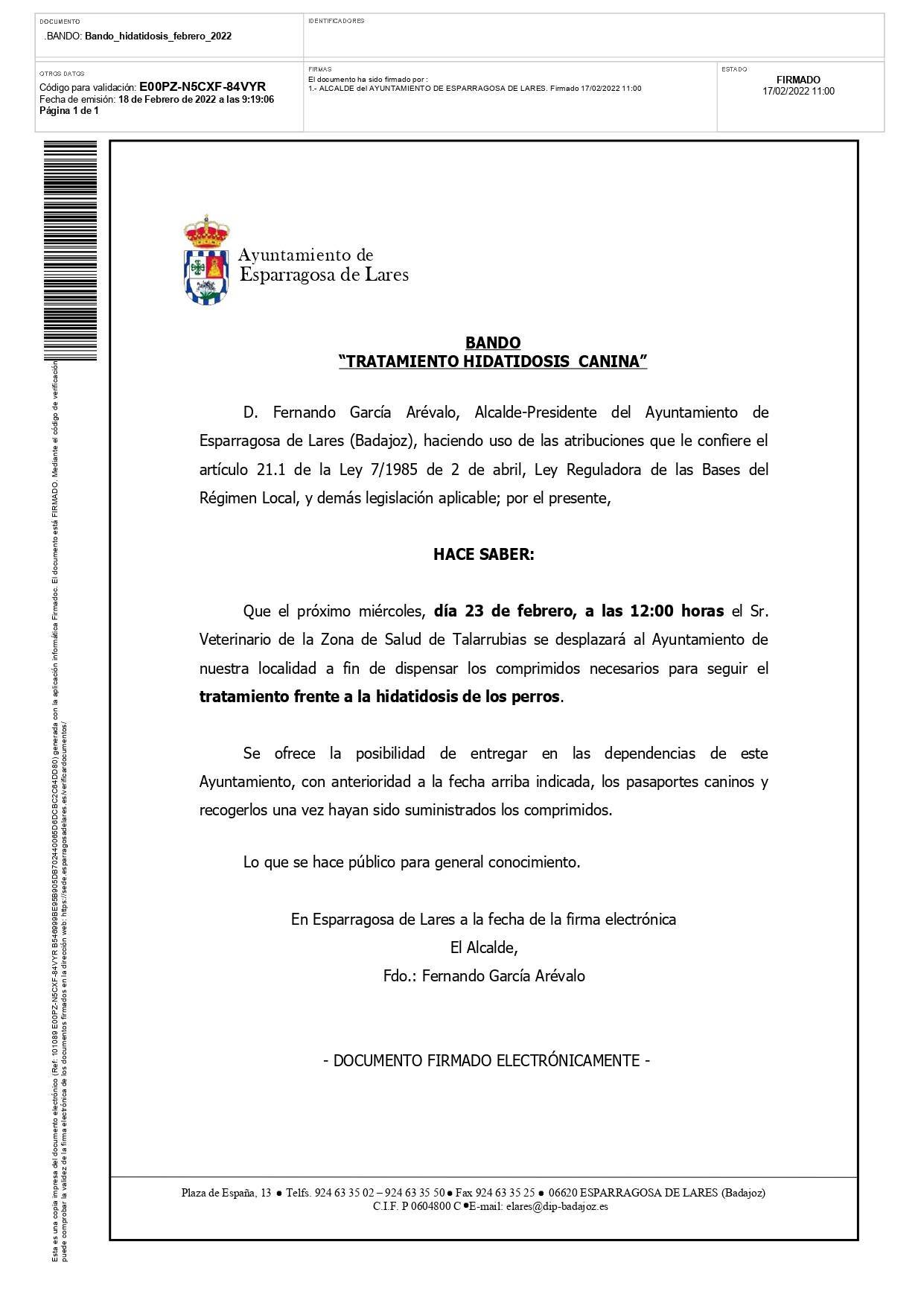 Tratamiento hidatidosis canina (febrero 2022) - Esparragosa de Lares (Badajoz)