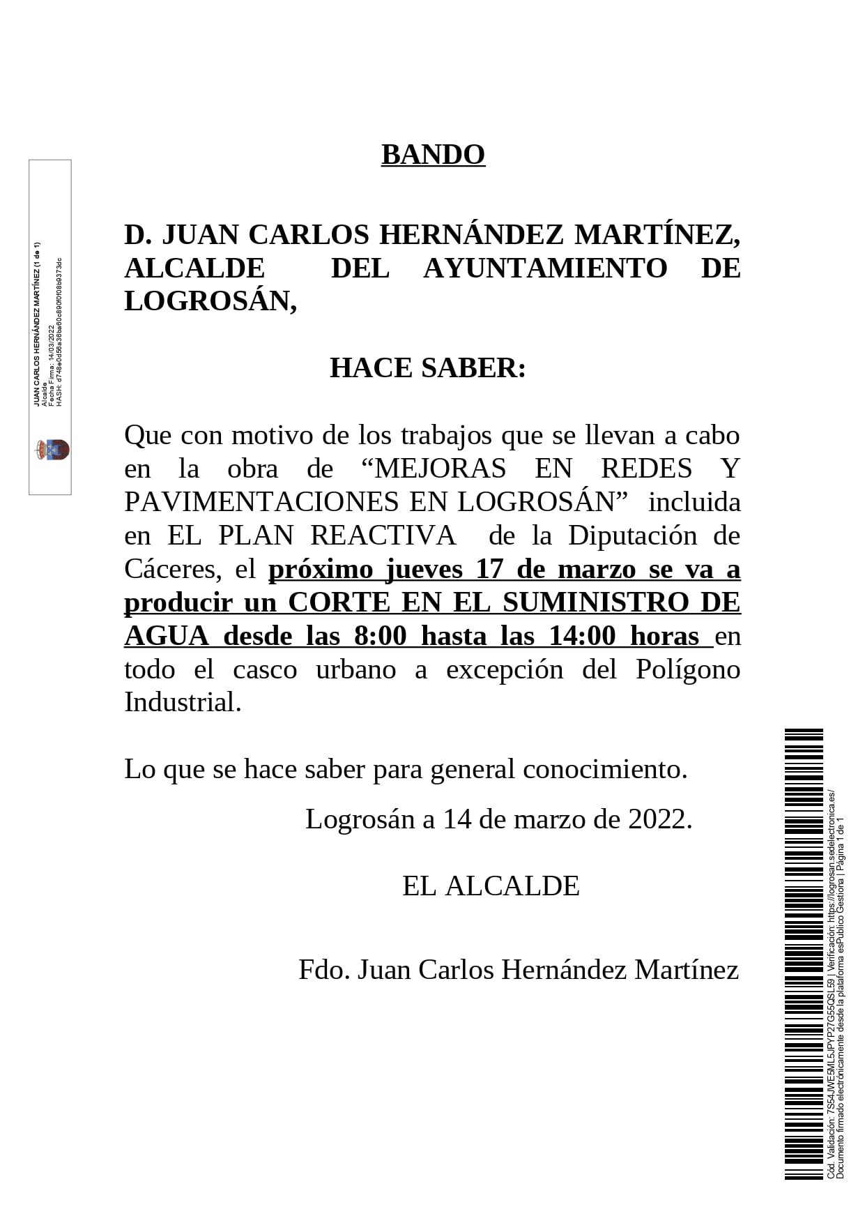 Corte en el suministro de agua (marzo 2022) - Logrosán (Cáceres)