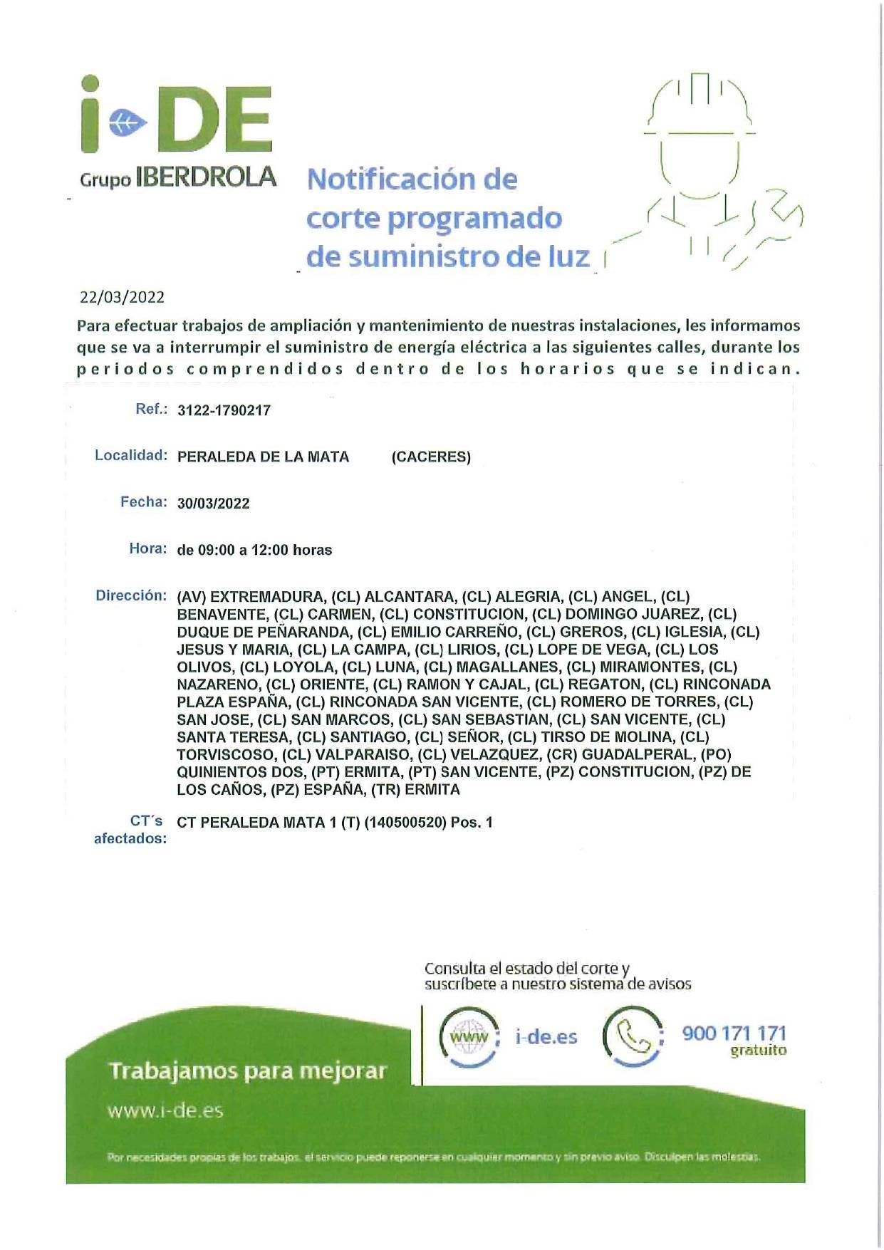 Corte parcial del suministro de luz (marzo 2022) - Peraleda de la Mata (Cáceres)