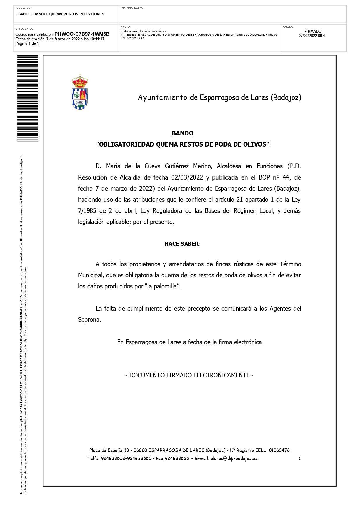 Obligatoriedad de quema de restos de poda de olivos (2022) - Esparragosa de Lares (Badajoz)