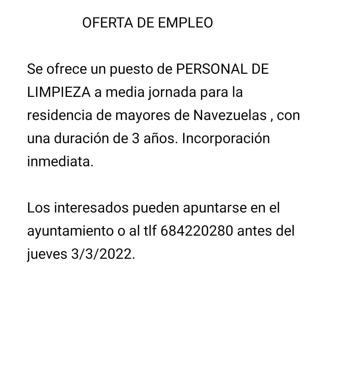Personal de limpieza para la residencia de mayores (2022) - Navezuelas (Cáceres)