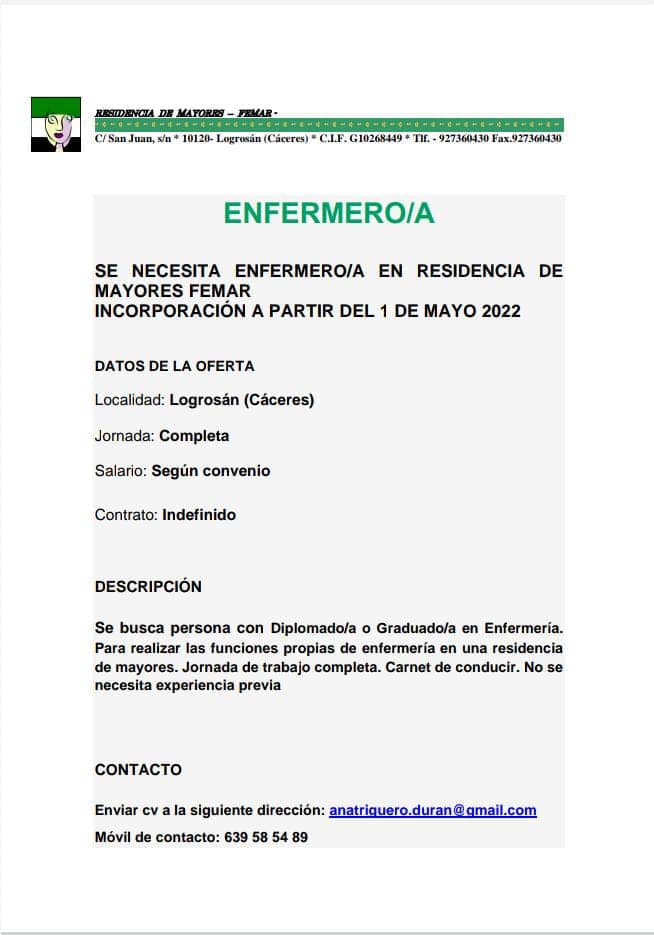 Enfermero-a para la Residencia de Mayores Femar (2022) - Logrosán (Cáceres)