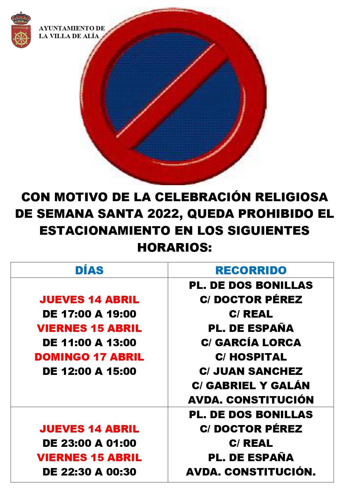 Prohibición del estacionamiento por la Semana Santa (2022) - Alía (Cáceres)