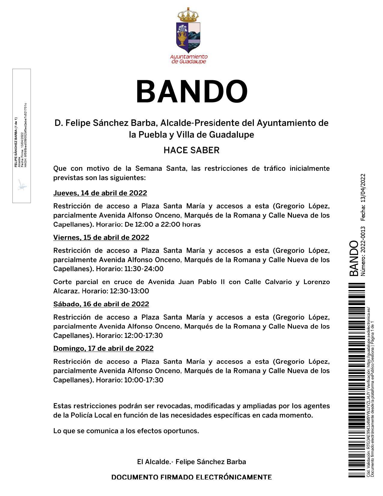 Restricciones de tráfico por la Semana Santa (2022) - Guadalupe (Cáceres) 2