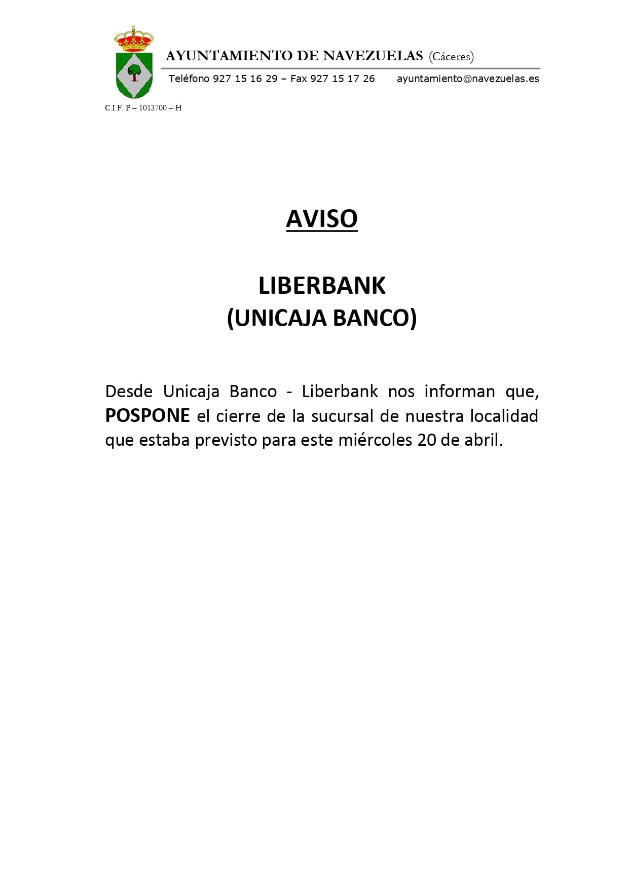 Se pospone el cierre de la oficina de Liberbank (abril 2022) - Navezuelas (Cáceres)
