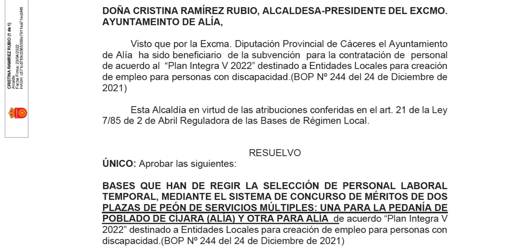 2 peones de servicios múltiples (2022) - Alía (Cáceres) y Poblado de Cijara (Cáceres)