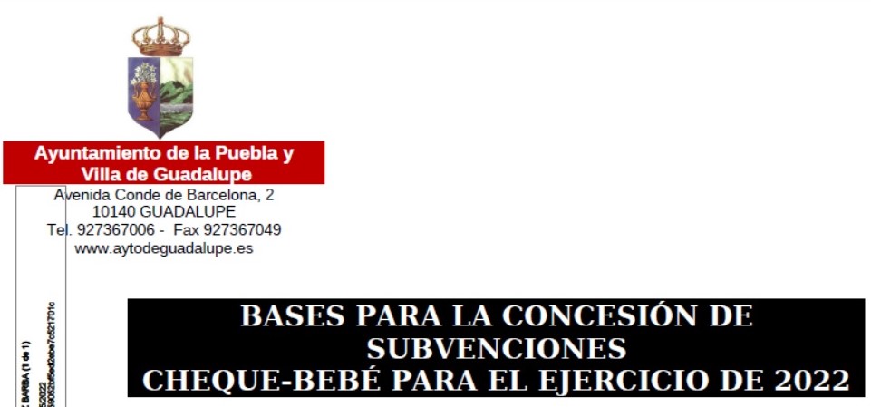 Bases para la concesión de subvenciones del cheque-bebé (2022) - Guadalupe (Cáceres)