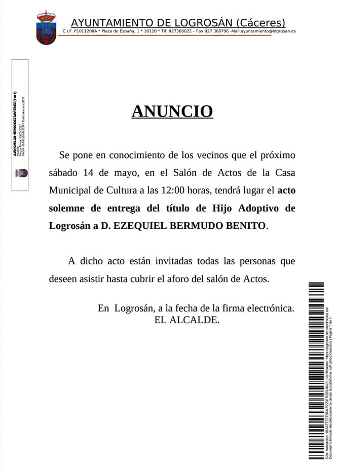 Ezequiel Bermudo Benito Hijo Adoptivo (2022) - Logrosán (Cáceres)