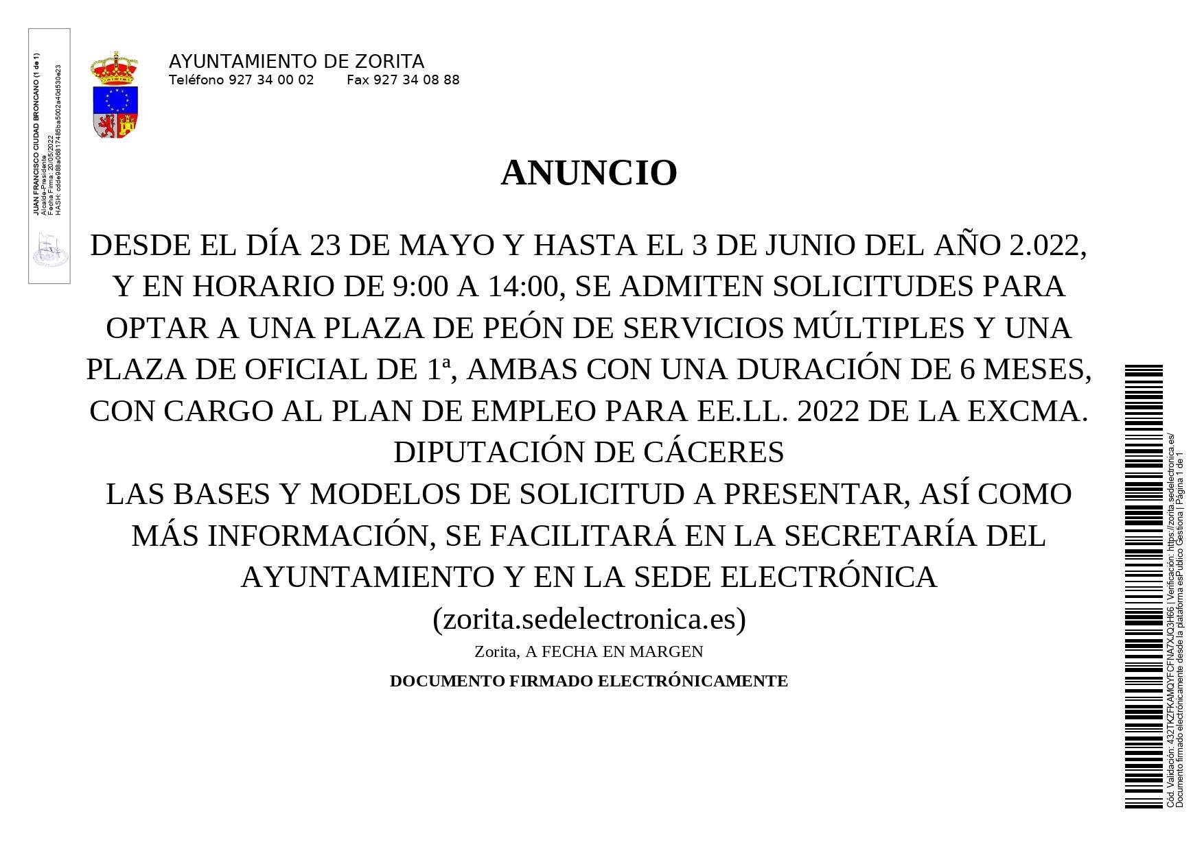 Peón de servicios múltiples y oficial de 1ª (2022) - Zorita (Cáceres)