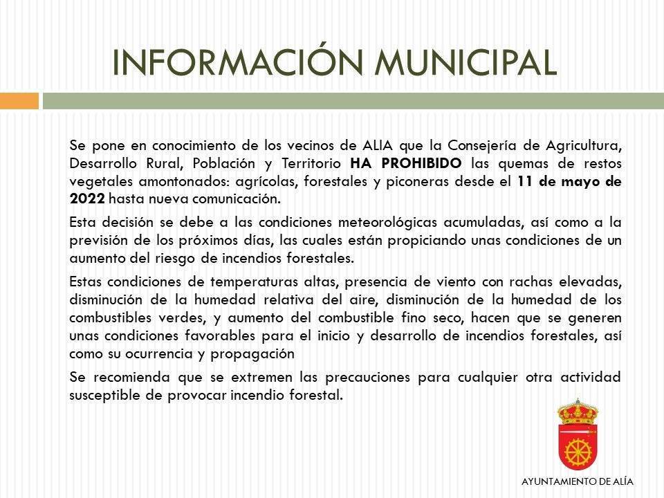 Prohibidas las quemas de restos agrícolas y forestales (2022) - Alía (Cáceres)
