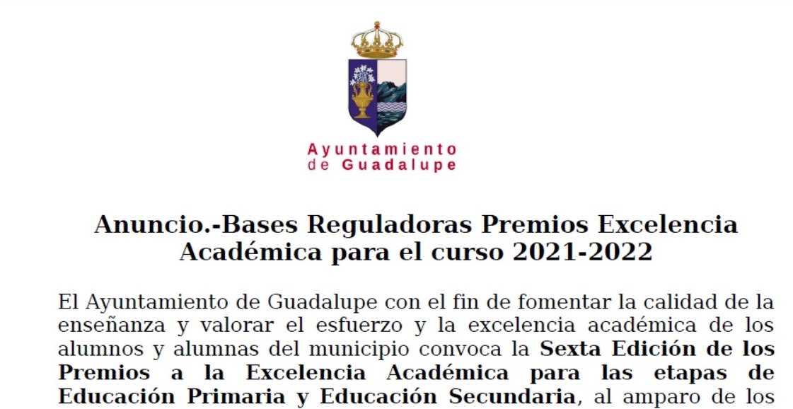 Bases reguladoras Premios Excelencia Académica (2022) - Guadalupe (Cáceres)