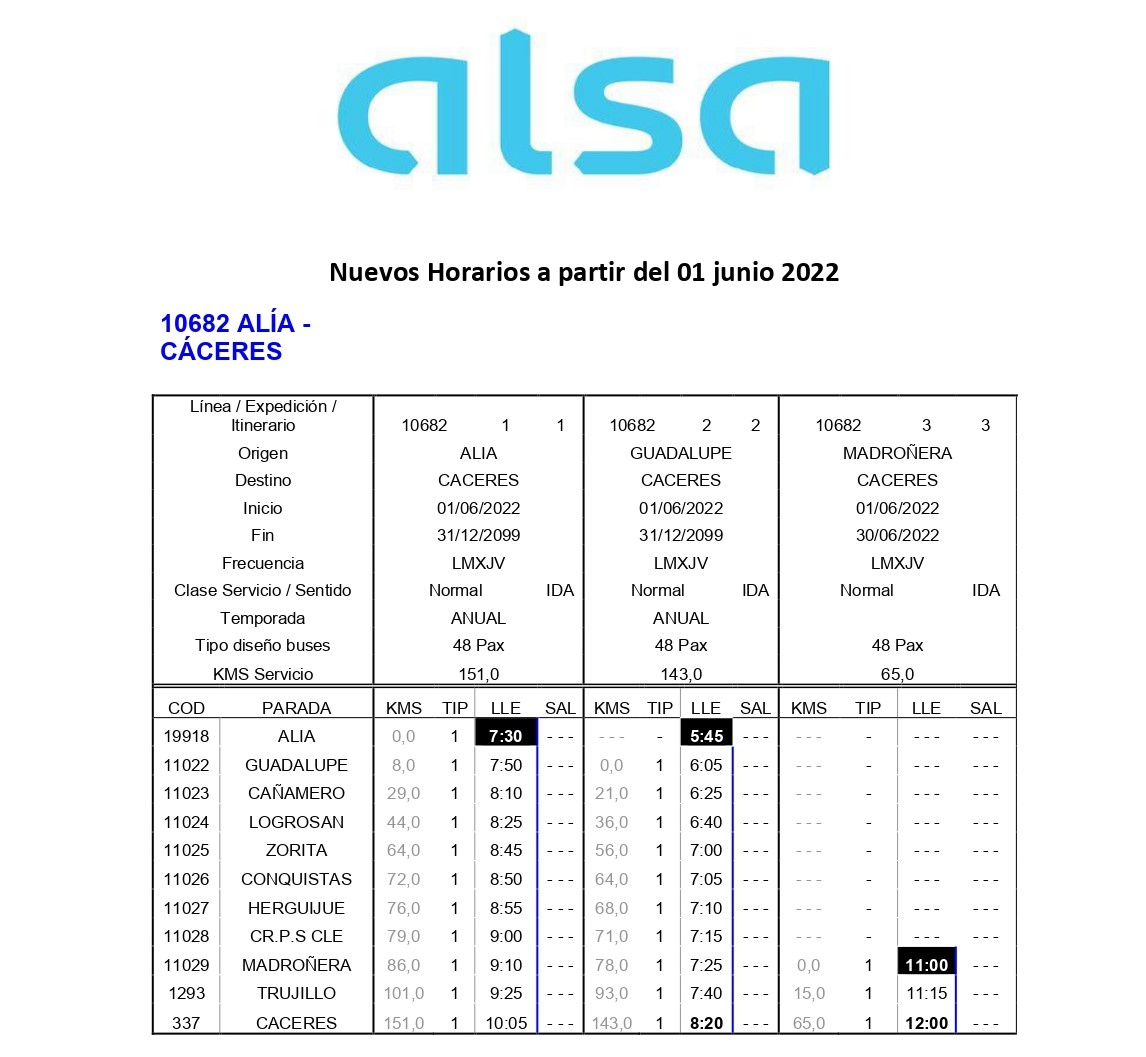 Cambio de horarios Alsa Mirat Extremadura (junio 2022) - Alía (Cáceres) 1
