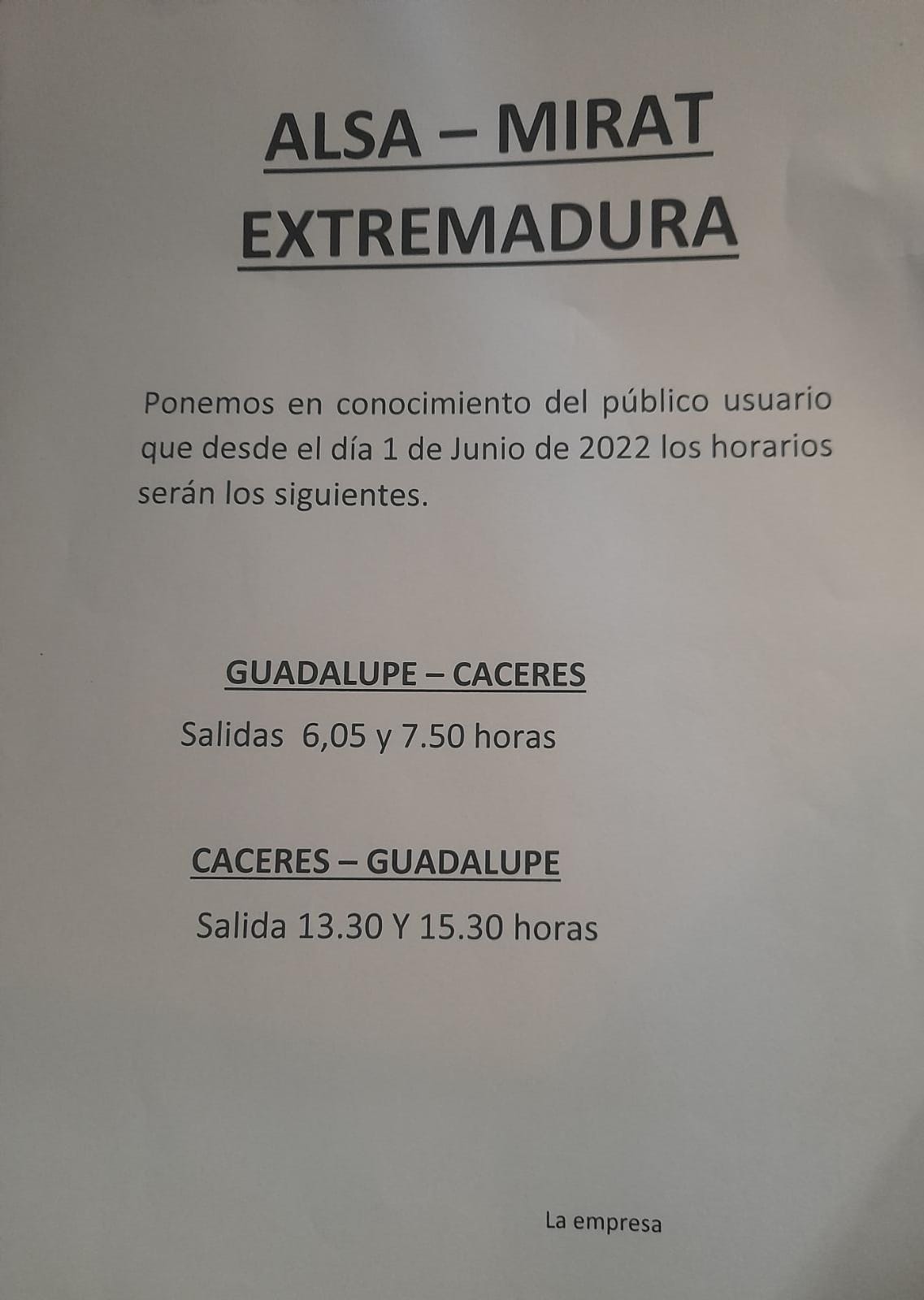 Cambio de horarios Alsa Mirat Extremadura (junio 2022) - Guadalupe (Cáceres)