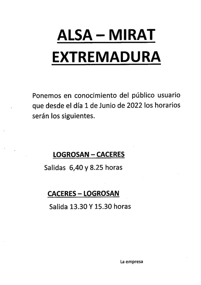 Cambio de horarios Alsa Mirat Extremadura (junio 2022) - Logrosán (Cáceres)