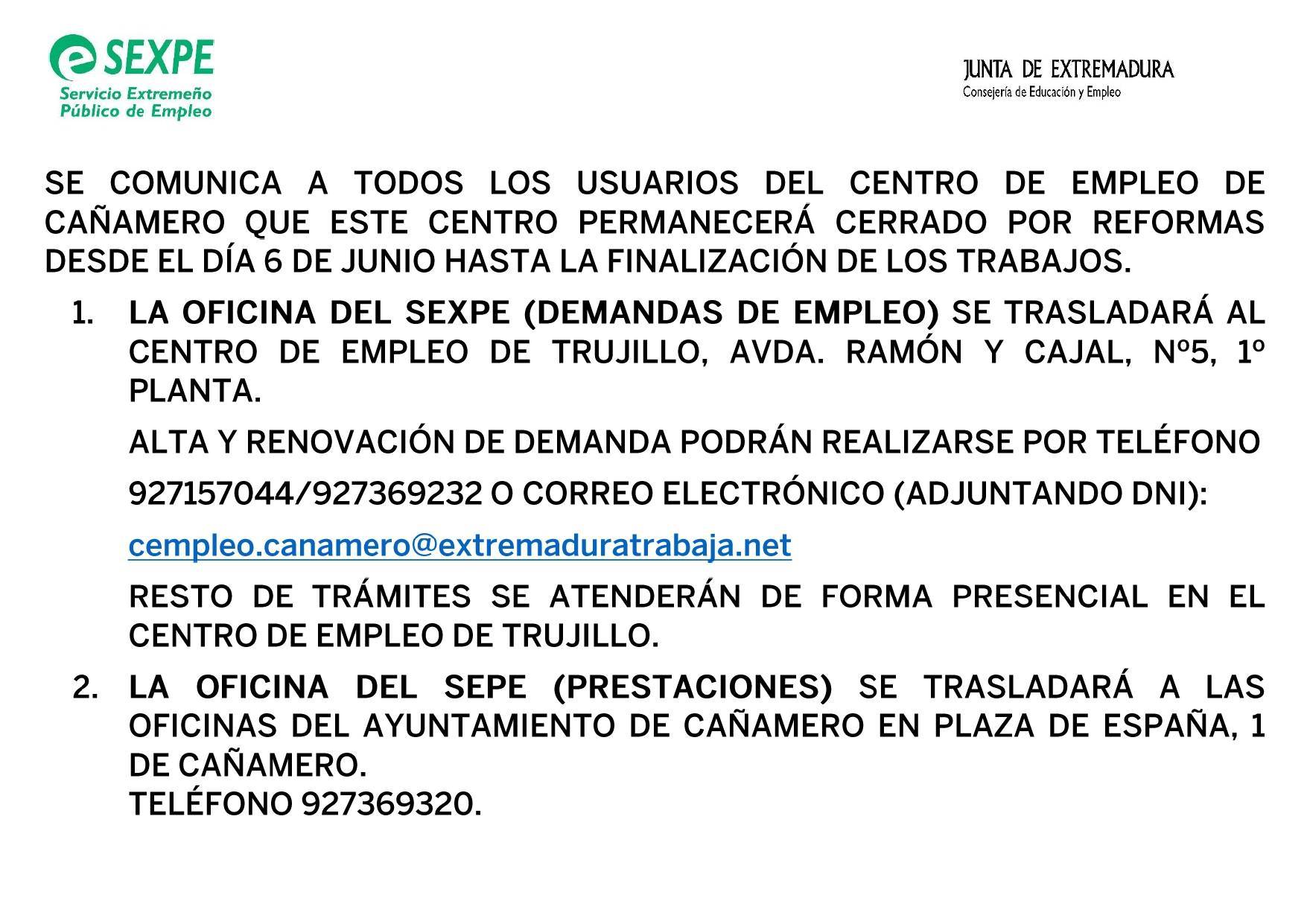 Cierre temporal del centro de empleo por reformas (junio 2022) - Cañamero (Cáceres)