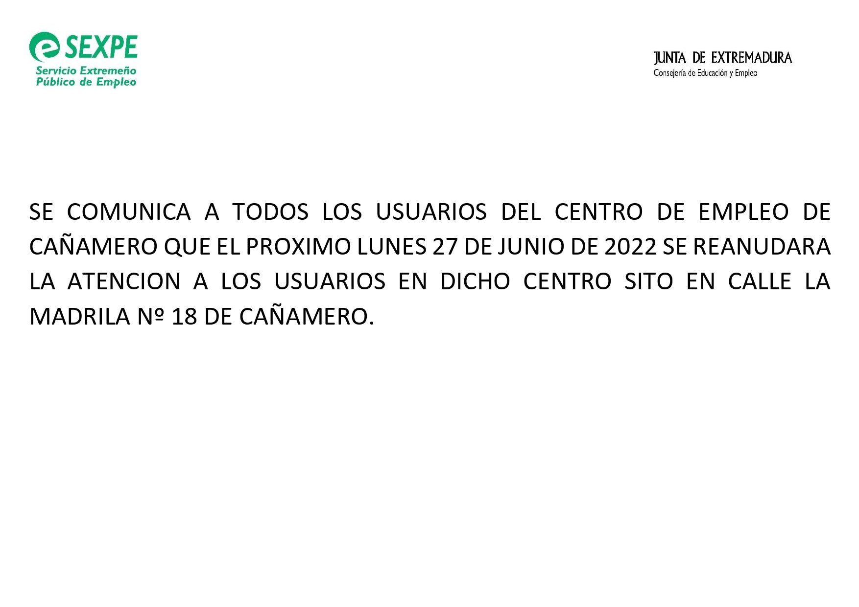 Reanudación del centro de empleo (junio 2022) - Cañamero (Cáceres)