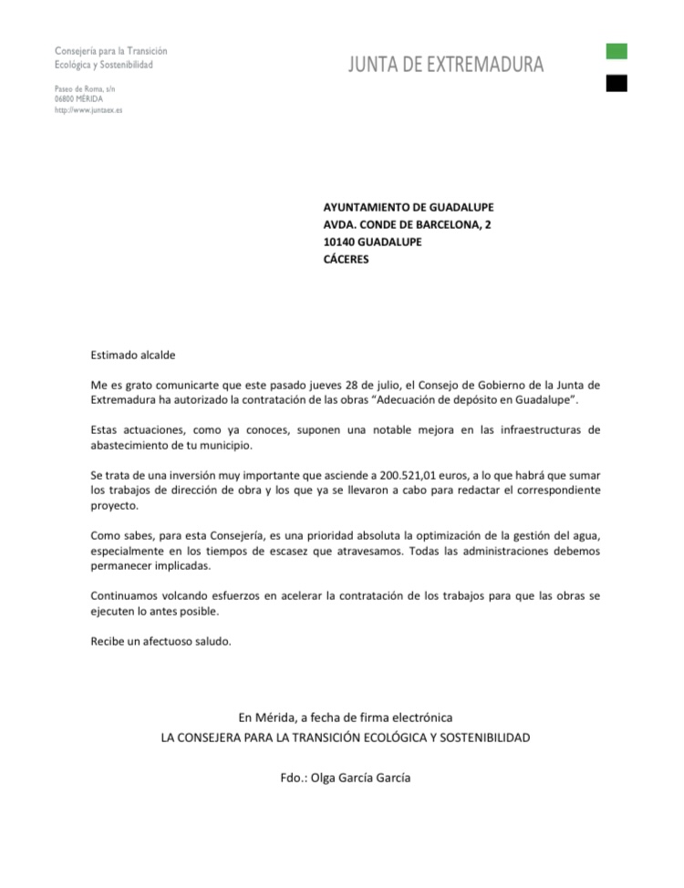 Aprobación para la inversión en los depósitos de agua (2022) - Guadalupe (Cáceres)