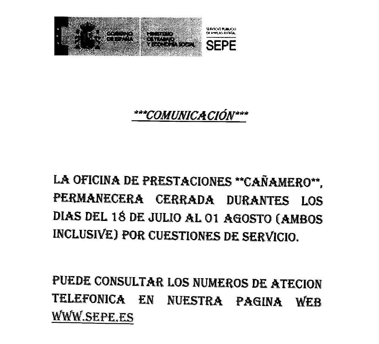 Cierre temporal de la oficina de prestaciones (julio 2022) - Cañamero (Cáceres)