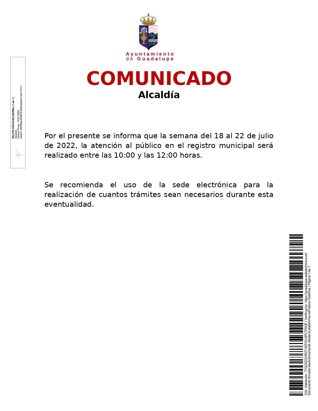 Restricción horaria del registro municipal (julio 2022) - Guadalupe (Cáceres)