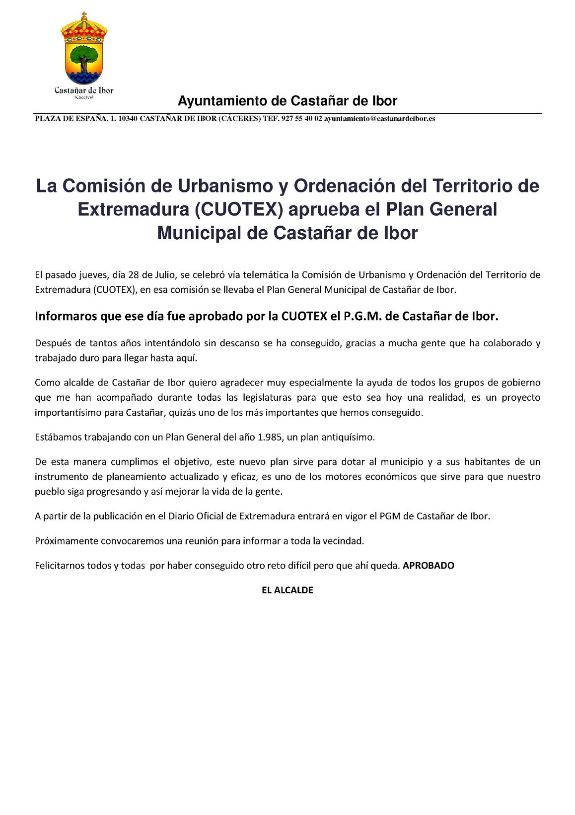 Aprobado el Plan General Municipal (2022) - Castañar de Ibor (Cáceres)