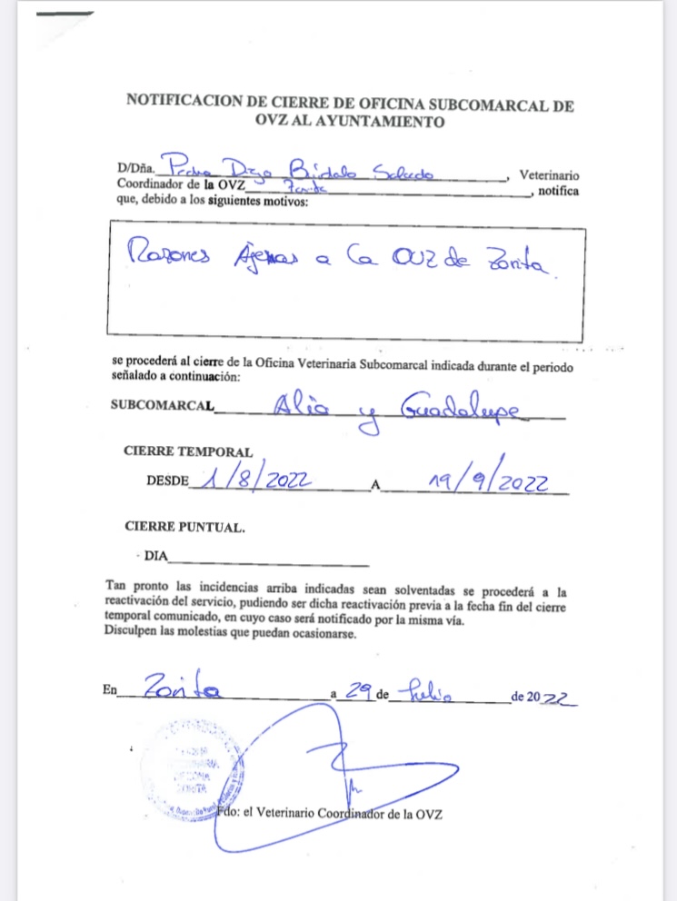 Cierre de la Oficina Veterinaria Subcomarcal (2022) - Alía (Cáceres) y Guadalupe (Cáceres)
