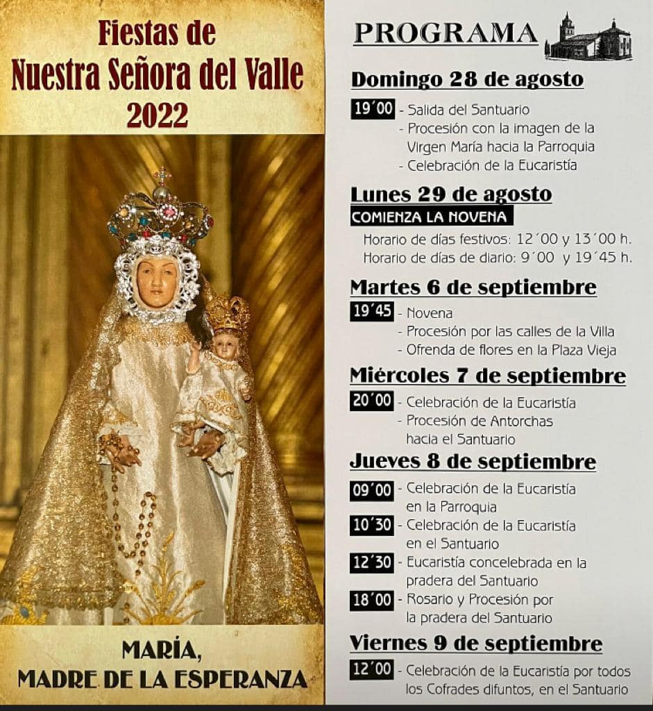 Horario de misas de las fiestas de Nuestra Señora del Valle (2022) - Saldaña (Palencia)