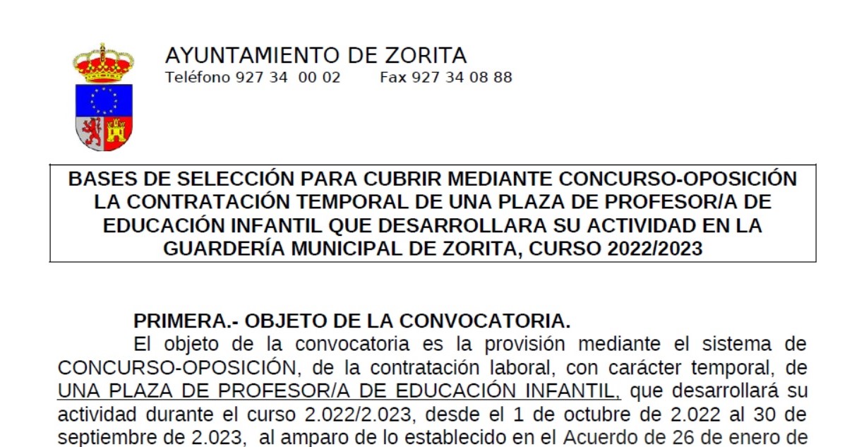 Profesor-a para la guardería municipal (2022) - Zorita (Cáceres)