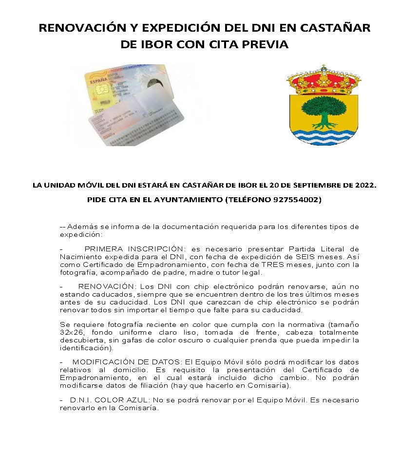 Renovación y expedición del DNI (septiembre 2022) - Castañar de Ibor (Cáceres)