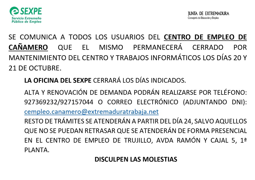 Cierre temporal del SEXPE (octubre 2022) - Cañamero (Cáceres)