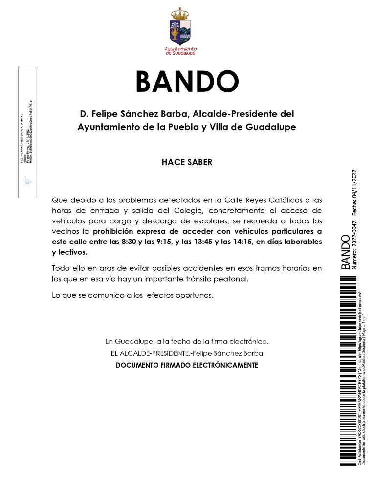 Prohibición de acceso con vehículos en la calle Reyes Católicos en días lectivos (2022) - Guadalupe (Cáceres)