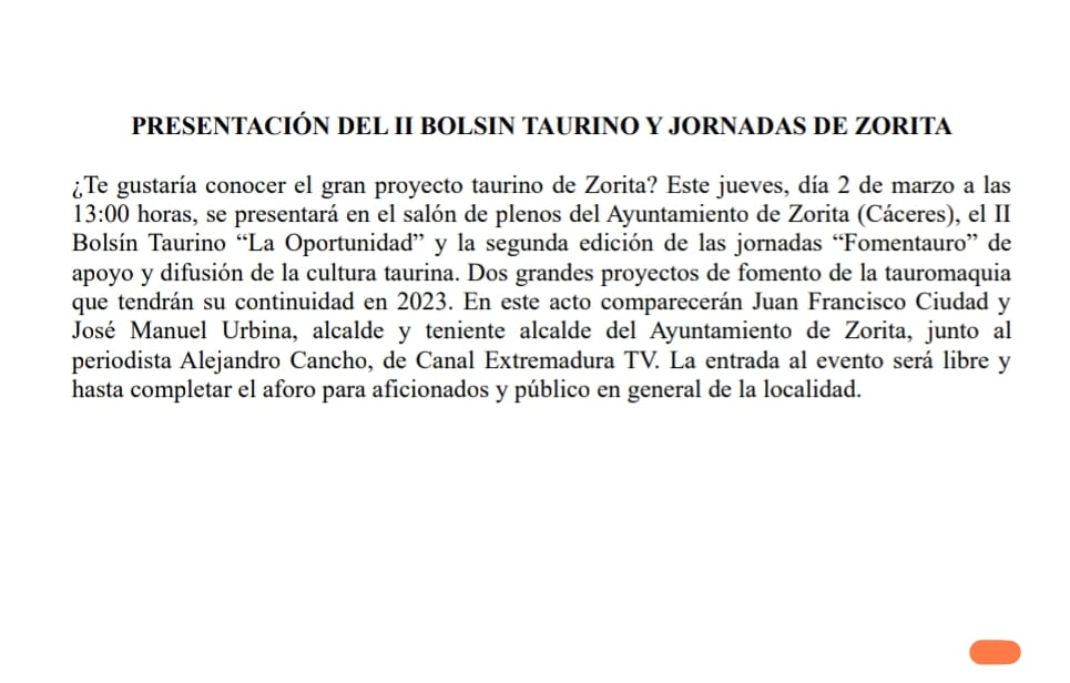 Presentación del II Bolsín Taurino y jornadas - Zorita (Cáceres)