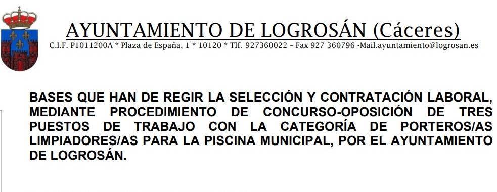 3 porteros-as limpiadores-as para la piscina municipal (2023) - Logrosán (Cáceres)