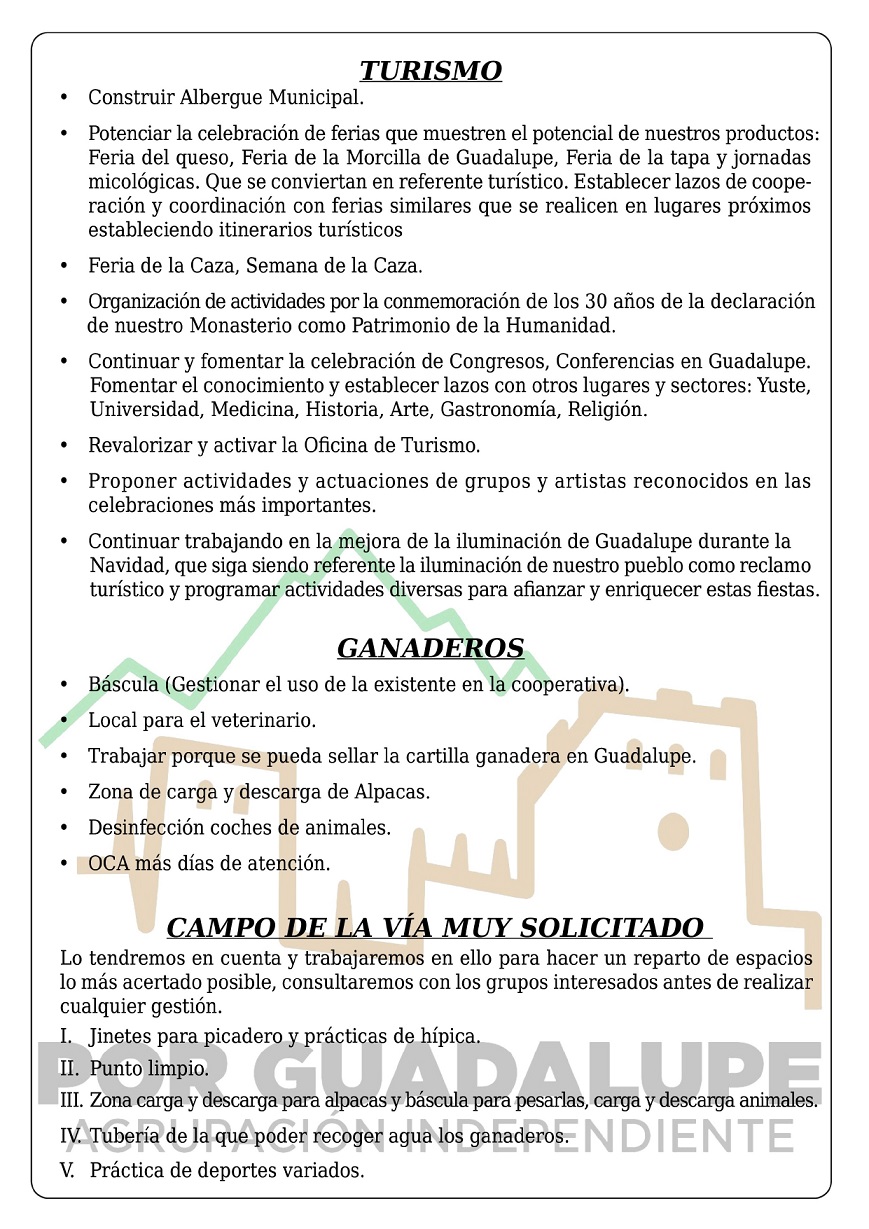 Programa electoral de Por Guadalupe, Agrupación Independiente (2023) - Guadalupe (Cáceres) 10