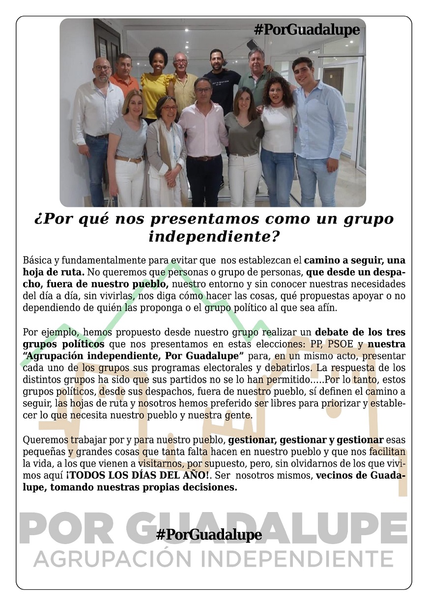 Programa electoral de Por Guadalupe, Agrupación Independiente (2023) - Guadalupe (Cáceres) 2