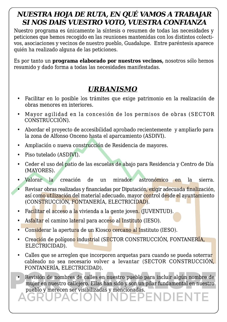 Programa electoral de Por Guadalupe, Agrupación Independiente (2023) - Guadalupe (Cáceres) 4