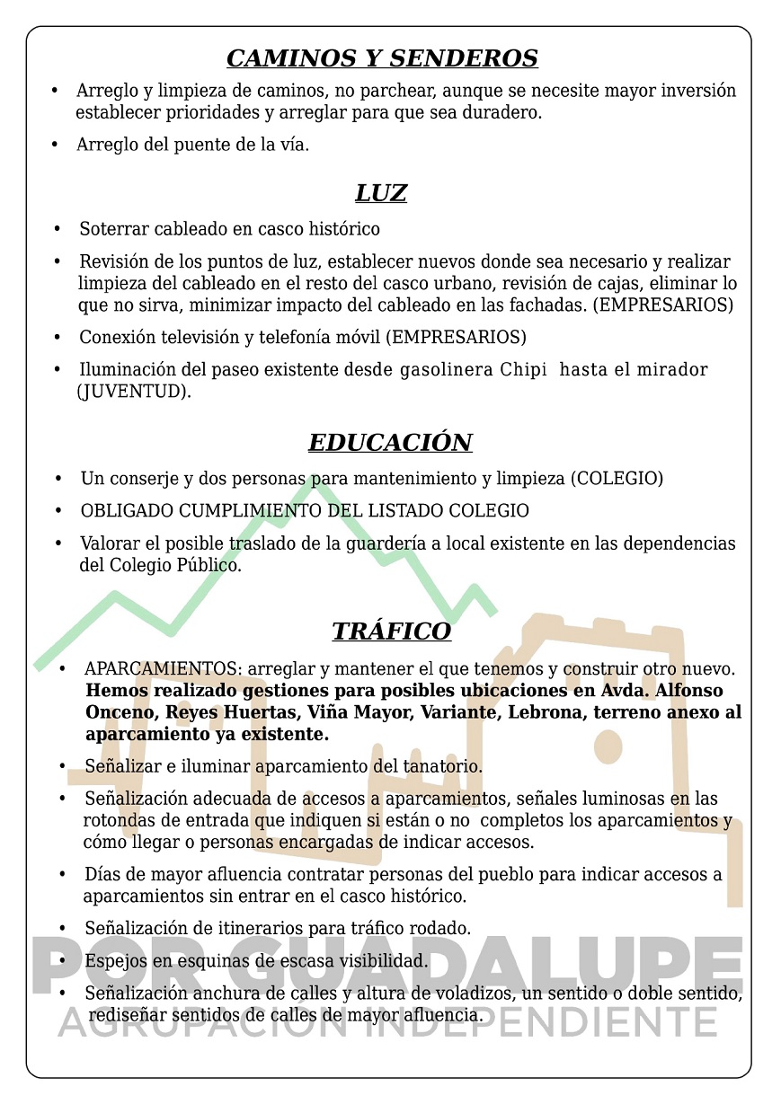 Programa electoral de Por Guadalupe, Agrupación Independiente (2023) - Guadalupe (Cáceres) 6
