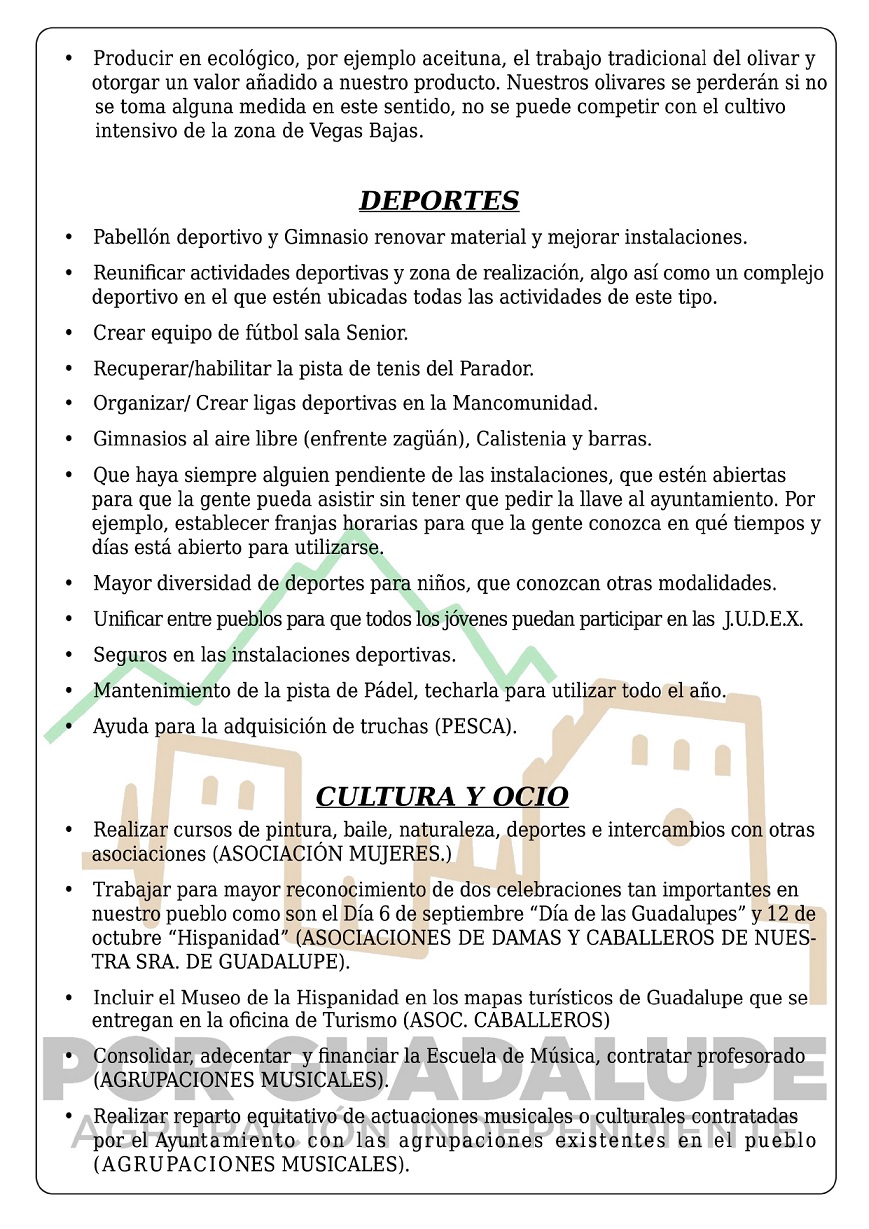 Programa electoral de Por Guadalupe, Agrupación Independiente (2023) - Guadalupe (Cáceres) 8