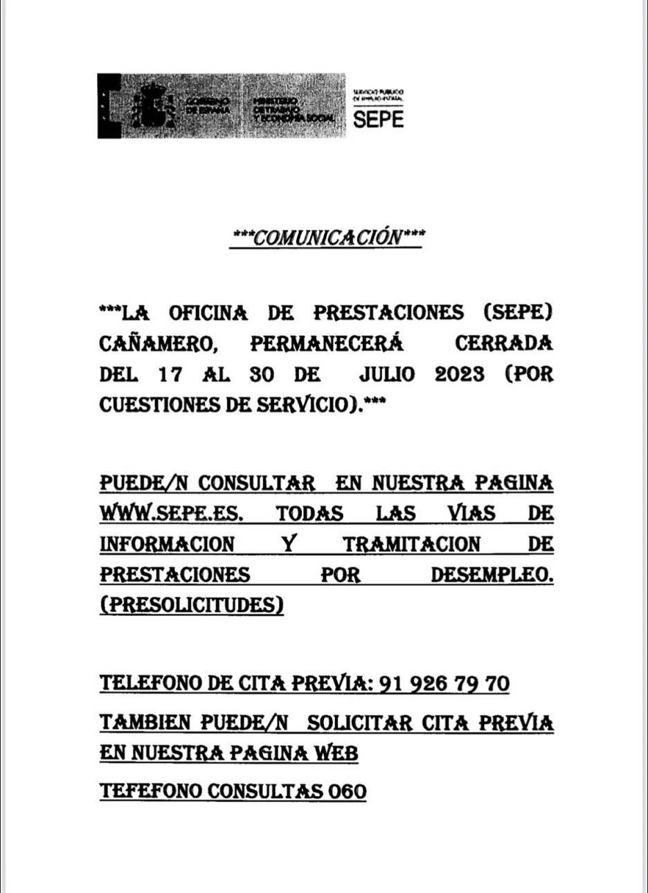 Cierre temporal del SEPE (julio 2023) - Cañamero (Cáceres)